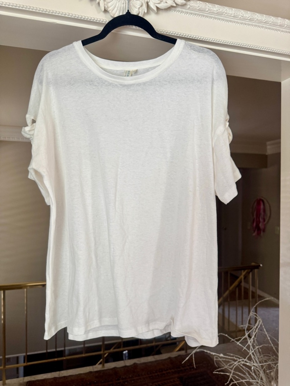 Hayden White Crewneck Tee with Teal Logo Tag